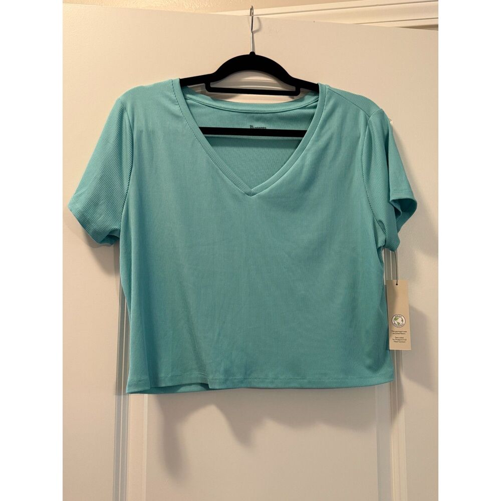 No Boundaries Womens XL 16-18 Aqua Blue Ribbed V Neck Crop Top Shirt NWT